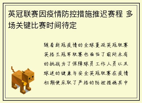 英冠联赛因疫情防控措施推迟赛程 多场关键比赛时间待定