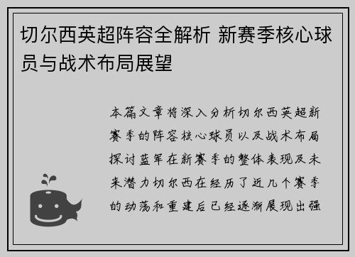 切尔西英超阵容全解析 新赛季核心球员与战术布局展望
