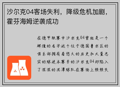 沙尔克04客场失利，降级危机加剧，霍芬海姆逆袭成功